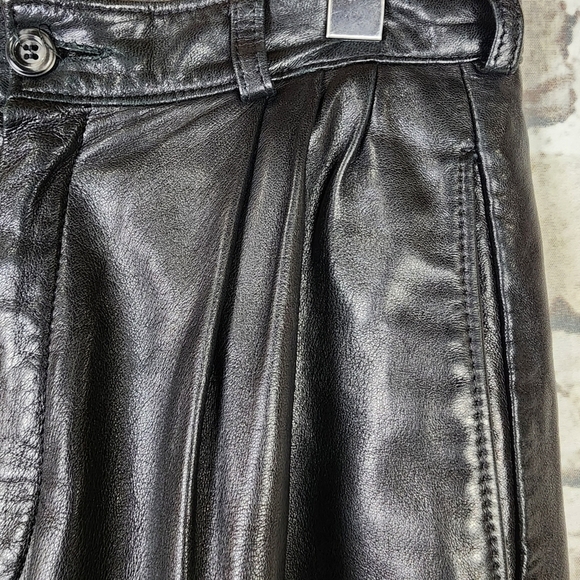 Vintage High Waist Black Leather Pant Pleated Front Taper Leg Lined Waist 28.5" - Picture 8 of 16